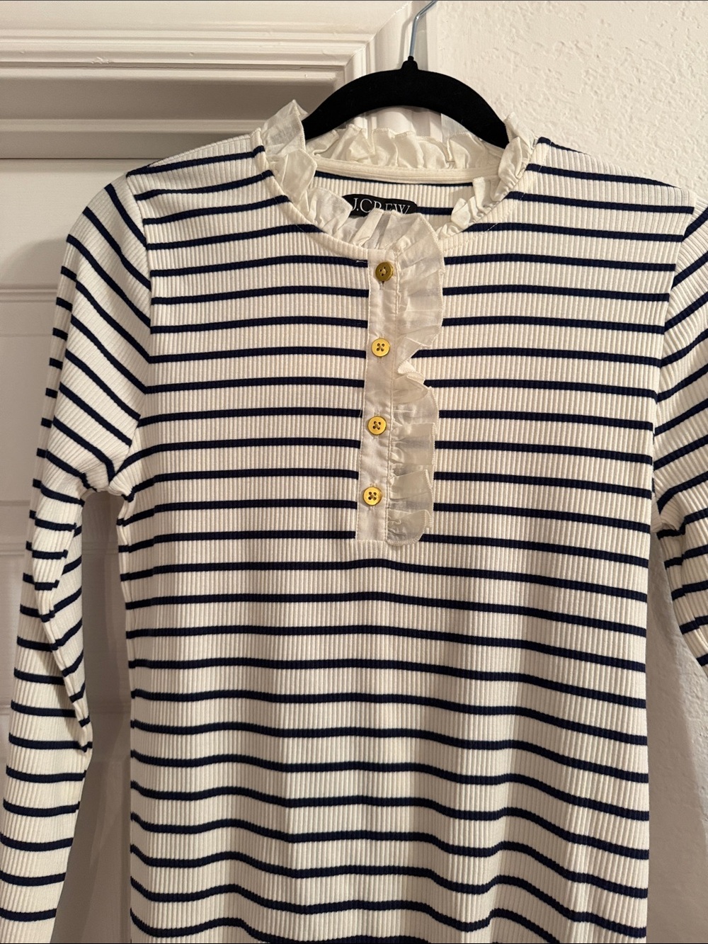J. Crew White Navy Striped Ruffle Henley with Gold Buttons